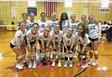 a group of women's volleyball players pose for a team photo