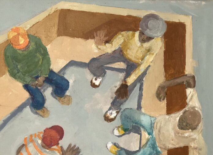 a painting of a group of people sitting around a table