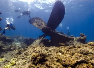 a group of people swimming over a coral reef