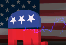 a red, white and blue elephant in front of an american flag