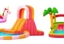 a set of inflatable toys including a slide, a pool, and a