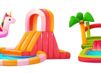 a set of inflatable toys including a slide, a pool, and a