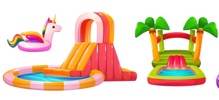 Aquapark water slide vector icon illustration a set of inflatable toys including a slide, a pool, and a