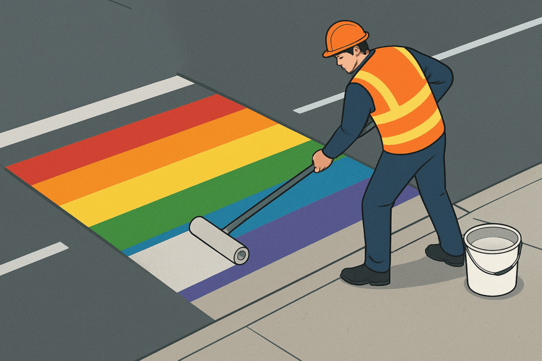 a man with a paint roller painting a rainbow rug
