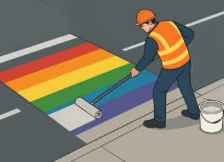 a man with a paint roller painting a rainbow rug