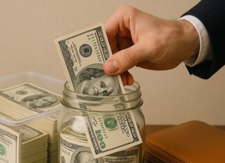 a person putting money in a jar