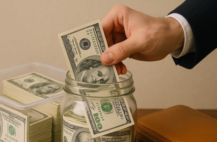 a person putting money in a jar