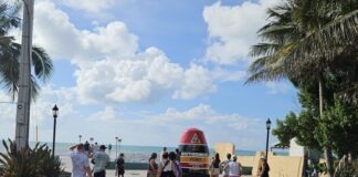 a group of people walking down a sidewalk next to the ocean