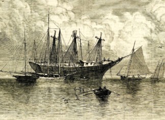 an old picture of a boat in the water