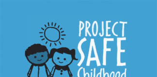 a blue background with a drawing of two people and the words project safe childhood on