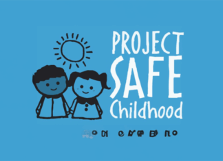 a blue background with a drawing of two people and the words project safe childhood on