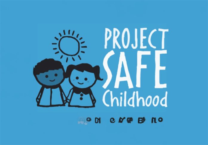 wwwww a blue background with a drawing of two people and the words project safe childhood on