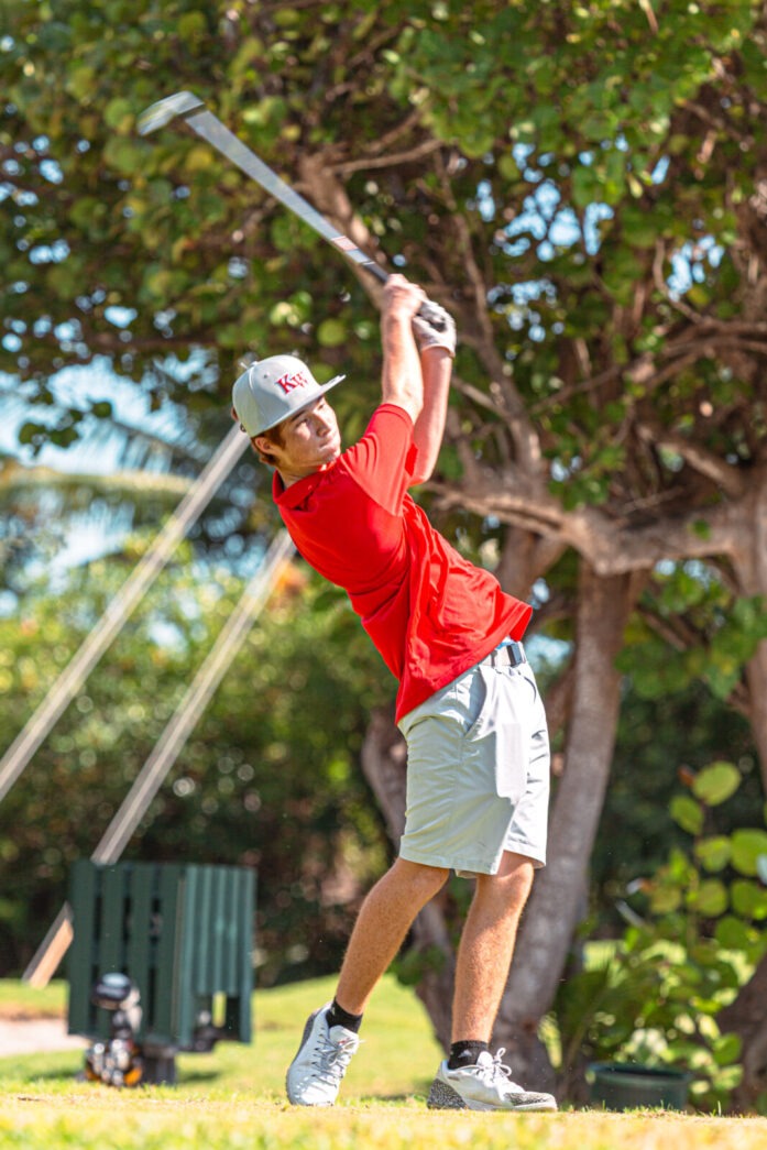 a man swinging a golf club at a ball