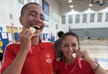 a man and a woman eating food in a gym