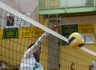 a volleyball player hitting a ball over the net