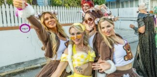 a group of women in costumes posing for a picture