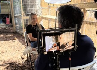 a woman sitting in a chair in front of a camera