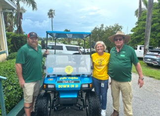 CONTRACTORS ASSOCIATION GIVES THE GOLFIN’ DOLPHINS NEW WHEELS two men and a woman standing next to a golf cart
