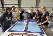 a group of people standing around a table with a painting on it