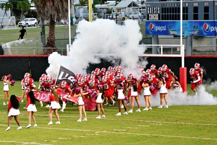 a group of cheerleaders on a football field