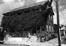 a black and white photo of a house covered in vines