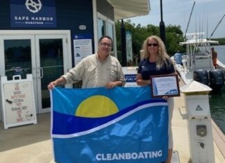 a man and a woman holding a blue and yellow flag