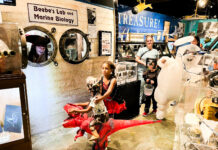 a group of people standing around a museum exhibit
