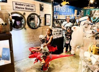 a group of people standing around a museum exhibit