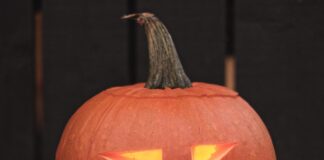 a carved pumpkin sitting on top of a tree stump