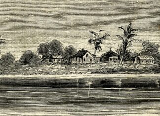 KEYS HISTORY: INDIAN KEY’S PORT OF ENTRY DESIRES DENIED DESPITE BOASTING CONVENIENT HARBOR AND STOP FOR SAILORS a black and white drawing of a village