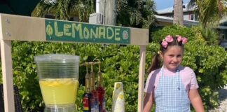 a little girl standing in front of a lemonade stand