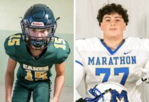 two football players are shown side by side