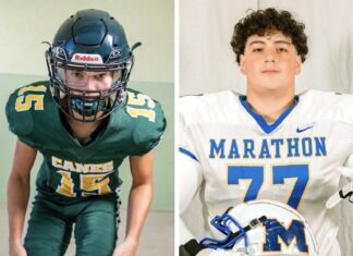 two football players are shown side by side