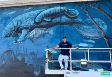 a man standing on a ladder in front of a mural
