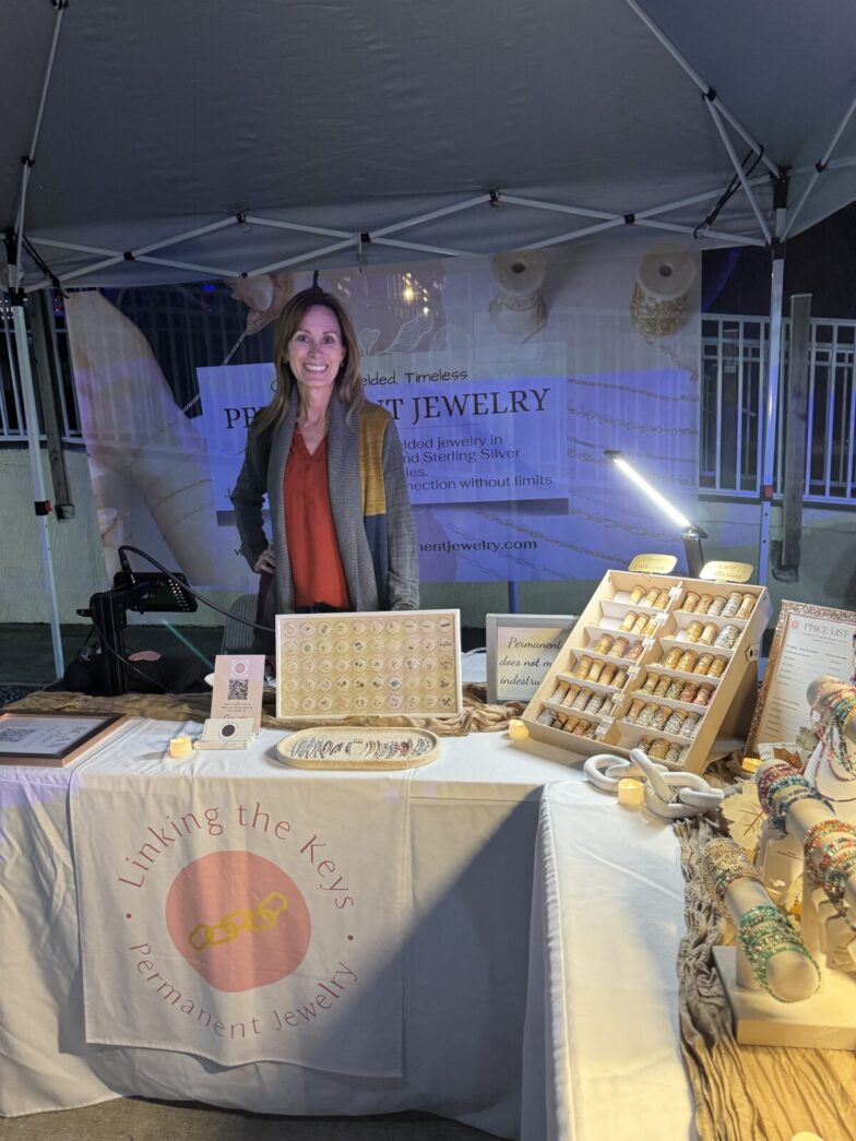 a woman standing in front of a table with a lot of items on it