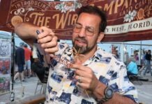 a man holding a piece of food in his hand