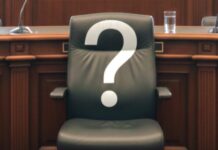 a chair sitting in front of a desk with a question mark on it
