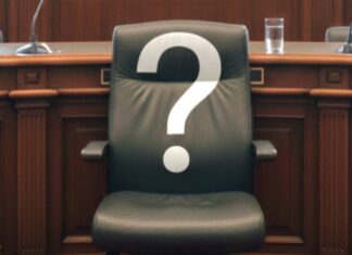 a chair sitting in front of a desk with a question mark on it