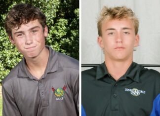 GOLFERS OLIVER & MERRYMAN MAKE SCHOOL HISTORY AT REGIONALS two boys in polo shirts and one boy in a green polo shirt