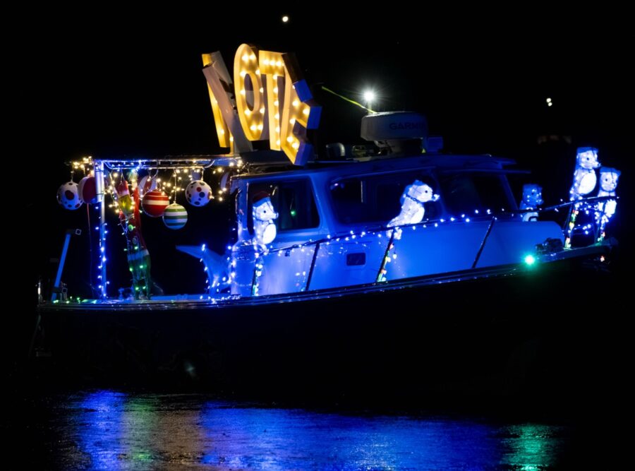 a boat decorated with christmas lights on the water
