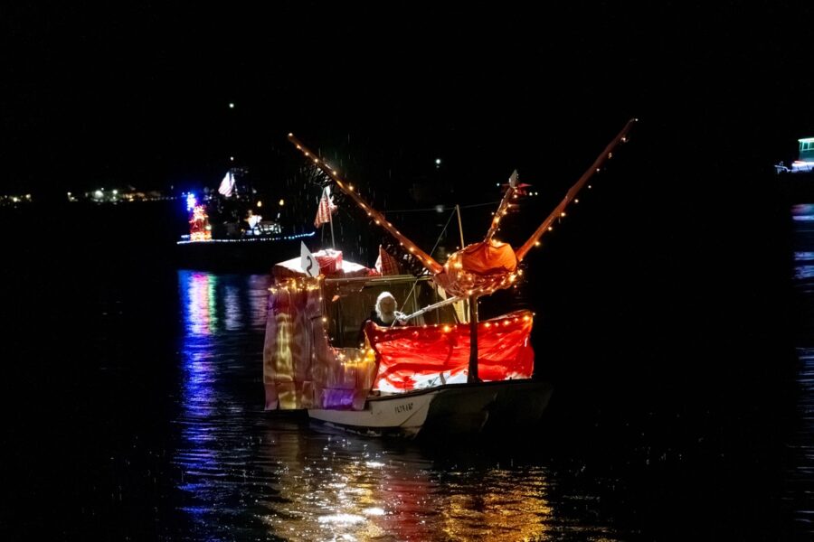 a boat decorated with christmas lights in the water