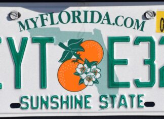 a license plate with a picture of an orange on it