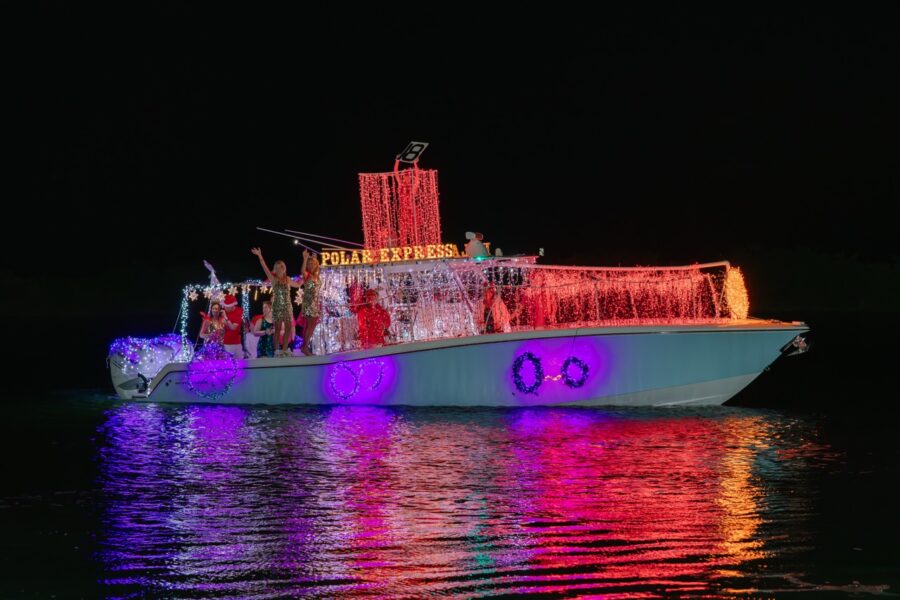a boat decorated with christmas lights in the water