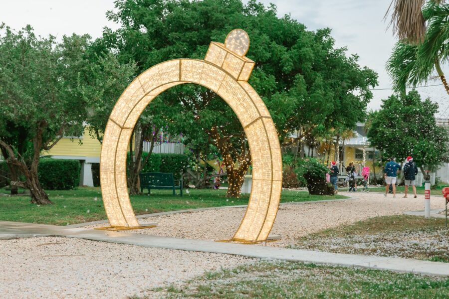 a sculpture of a ring in a park