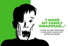 a green and white poster with a man's face