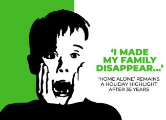HOME ALONE REMAINS A HOLIDAY HIGHLIGHT AFTER 35 YEARS a green and white poster with a man's face