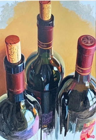 a painting of three bottles of wine