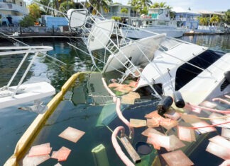 YACHT PARTIALLY SINKS AND SPILLS DIESEL INTO A KEY LARGO CANAL a boat that is sitting in the water