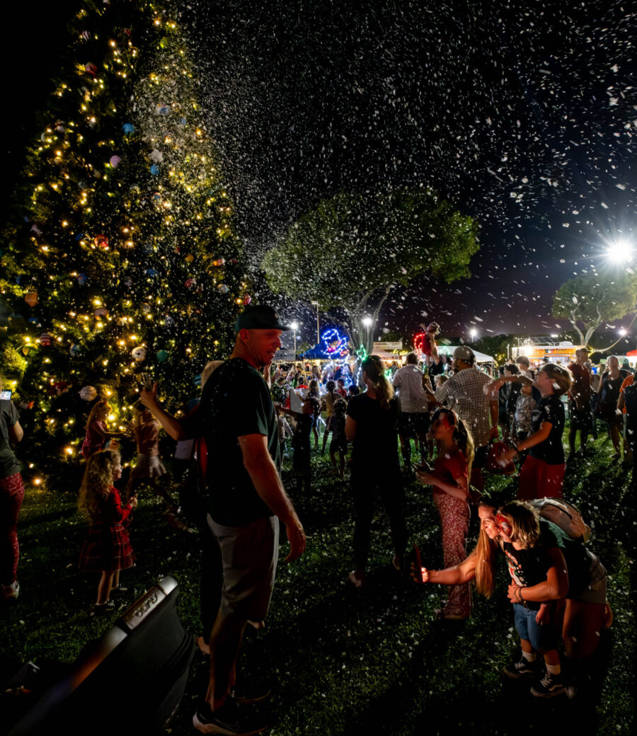 a crowd of people standing around a tree at night