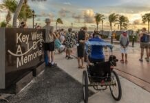 a group of people standing around a sign